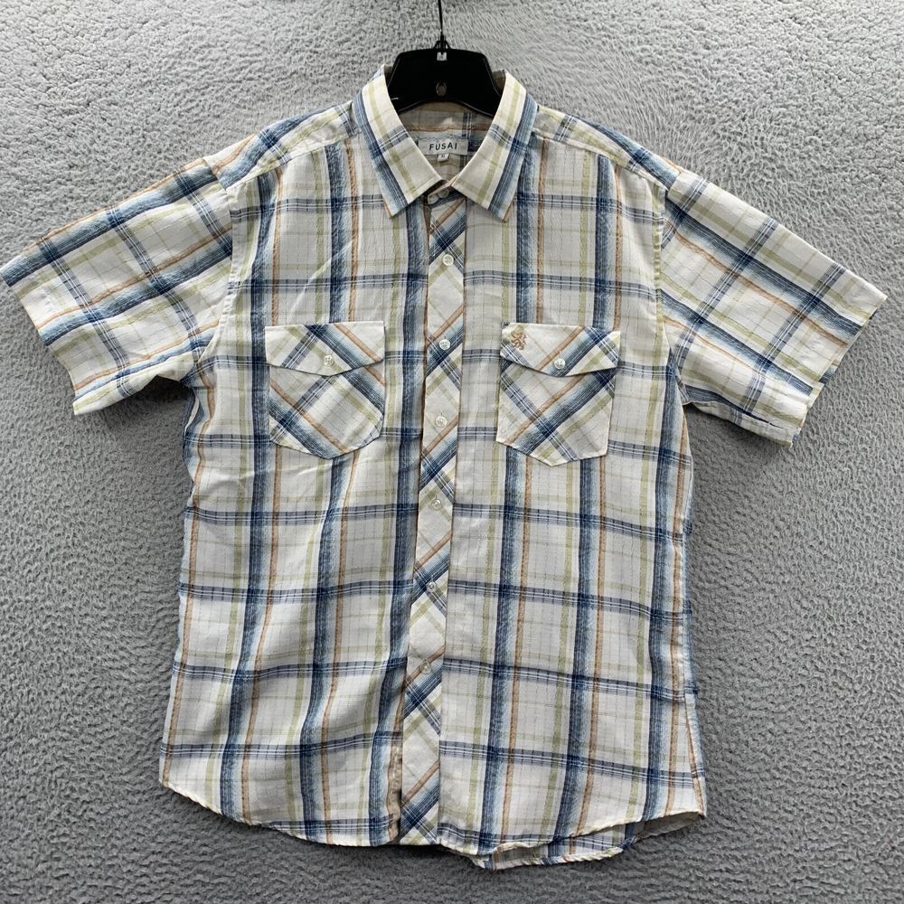 FUSAI Shirt Mens XL Button Up Plaid Short Sleeve Extra Large White